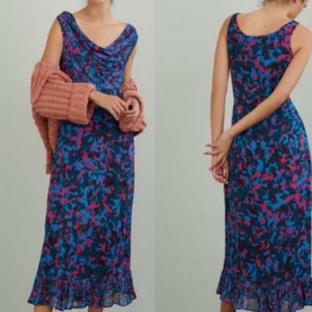 Anthropologie Alisandra Blue Black and PinkโPatterned Maxi Dress Size 6